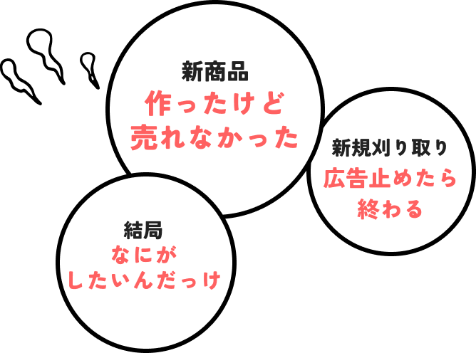 新商品作ったけど売れなかった。新規刈り取り広告止めたら終わる。結局なにがしたいんだっけ